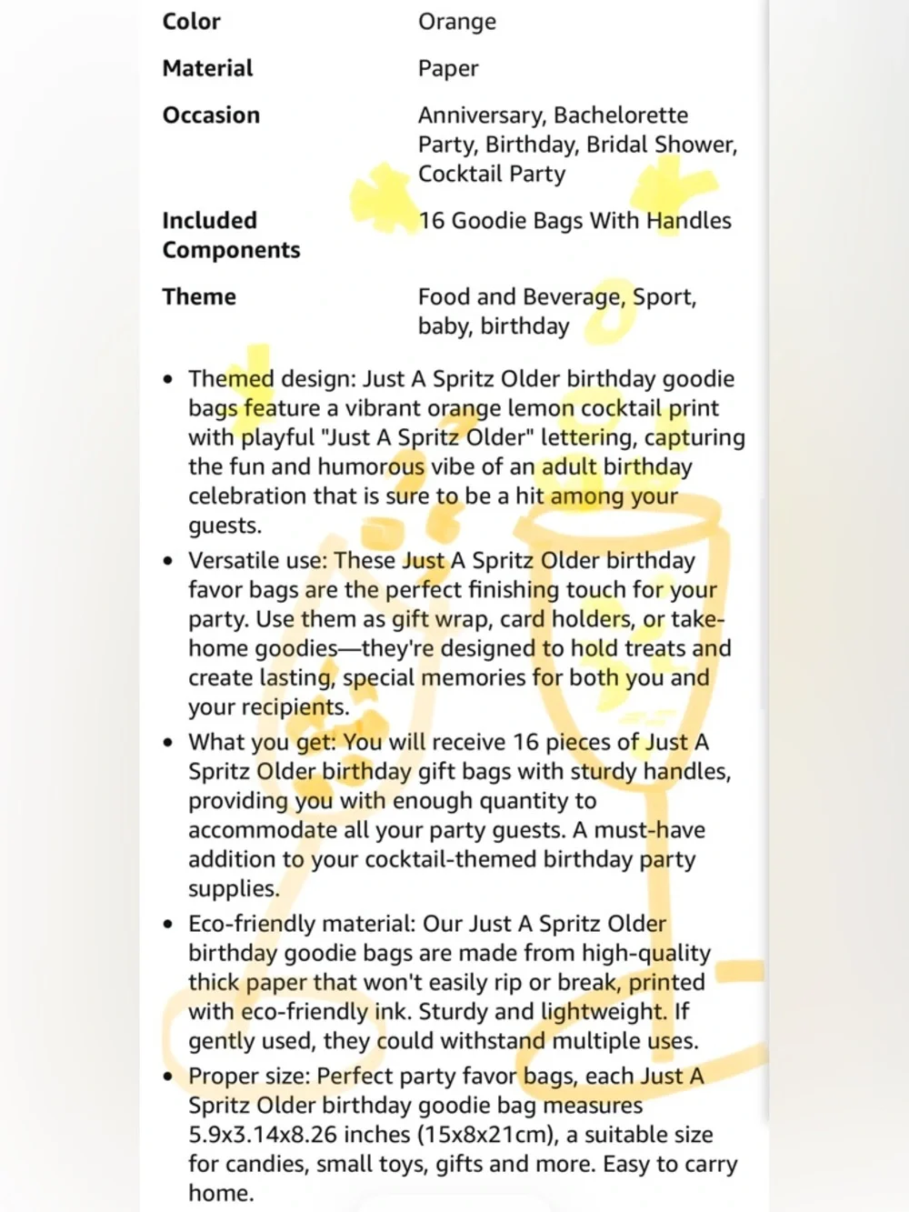 16 Pack- Just a Spritz Older Orange Party Gift Bags